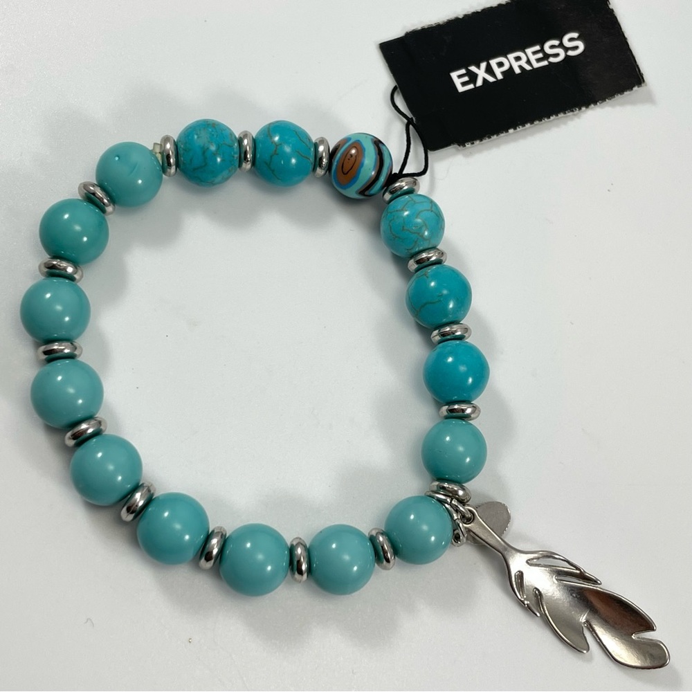 Express Blue Turquoise Color Beaded Silver Tone Feather Charm Stretch Bracelet
